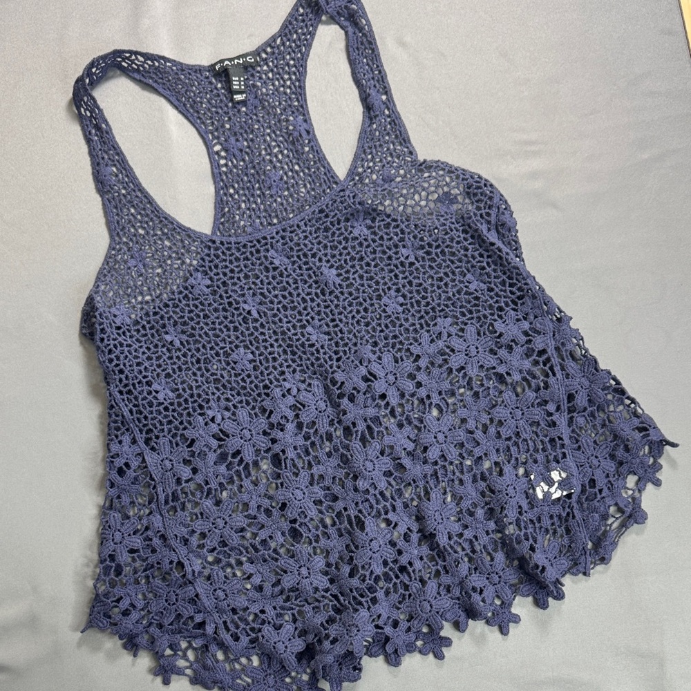 FANG Navy Crochet‎ Boho Racerback Top Size M